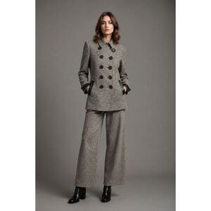 Vtg. Bebe Pants Suit  Black Tweed Leather Trim Blazer Wide Leg Career New Size 8